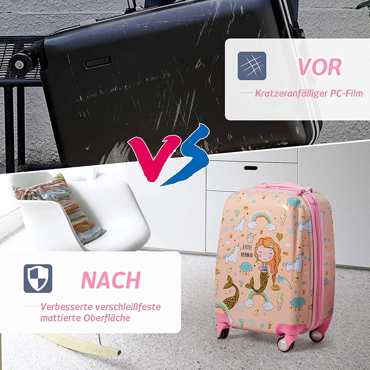 Vorher-Nachher-Bild eines Koffers. Vorher: zerkratzter schwarzer Koffer. Nachher: pinker Koffer mit Meerjungfrau.