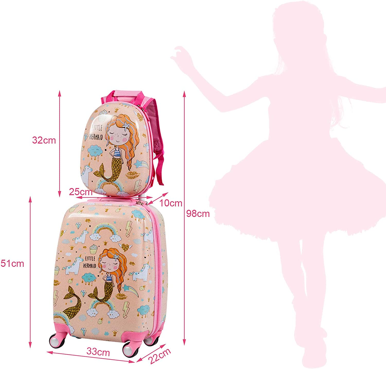 Ein rosa Meerjungfrau-Koffer und Rucksack-Set. Eine Mädchen-Silhouette steht daneben. Abmessungen sind angegeben.