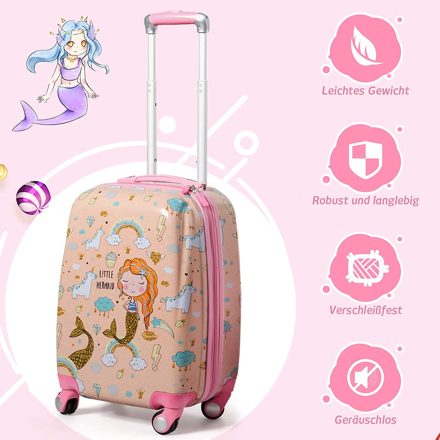 Pinker Koffer mit Meerjungfrau-Design und Meerjungfrau-Zeichnung. Rollen und Griff enthalten.
