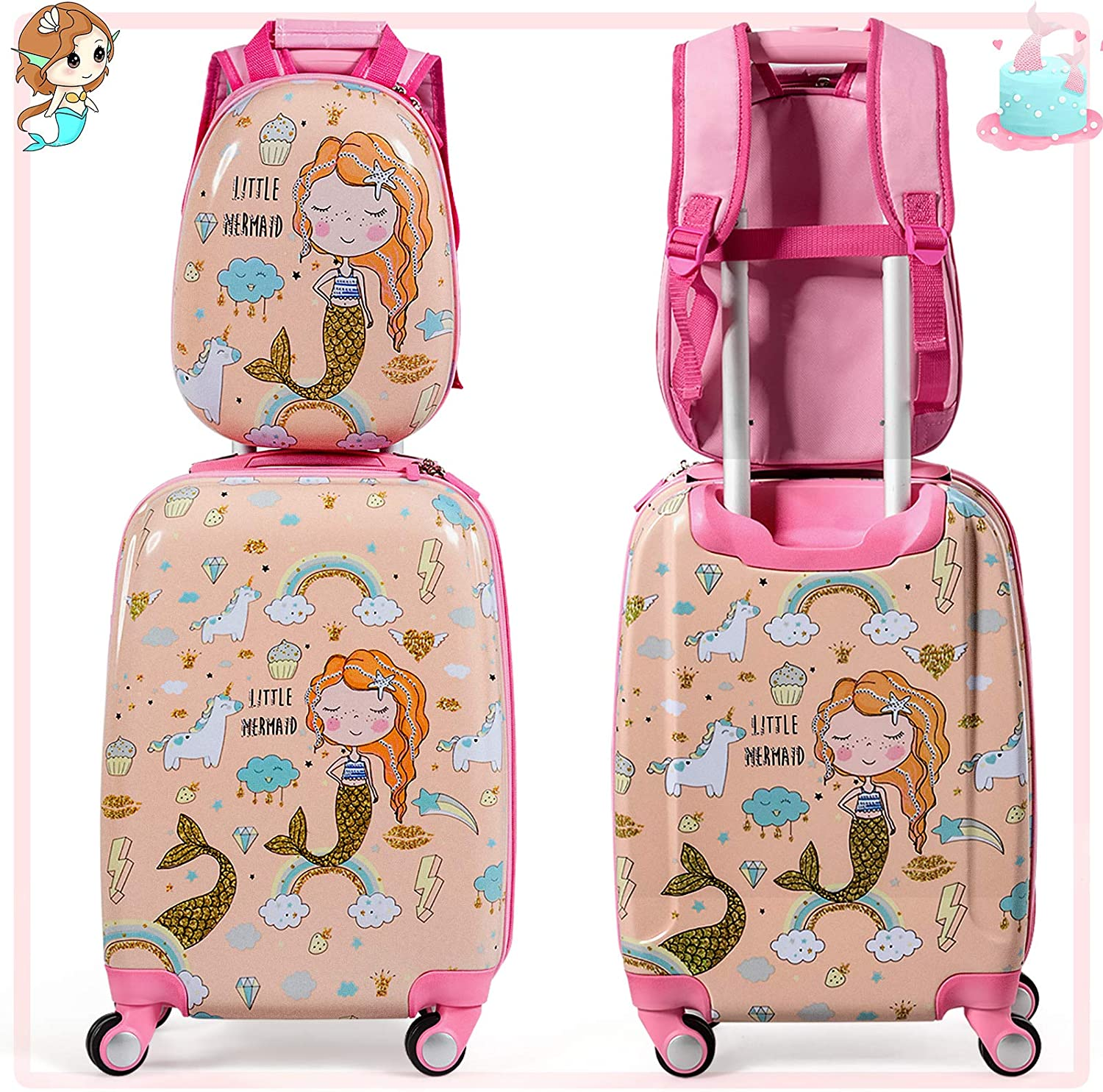 Rosa Gepäckset mit Meerjungfrauen-Motiv, mit Rucksack und Rollkoffer, für Kinder.