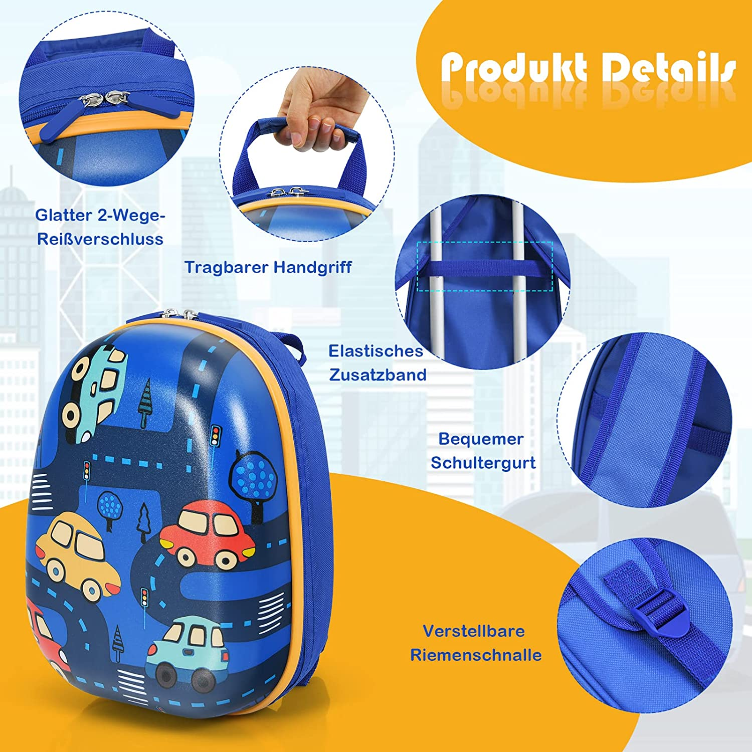 Ein blauer Rucksack mit Auto-Illustrationen und verschiedenen Detailaufnahmen.