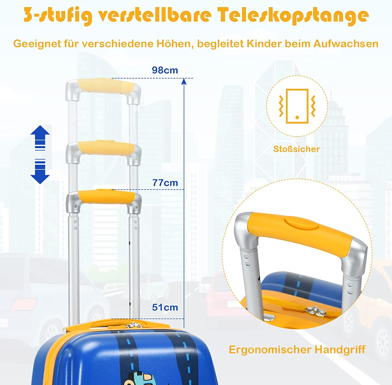 Blau-gelber Koffer mit verstellbarem Griff, mit Abmessungen und Symbolen.