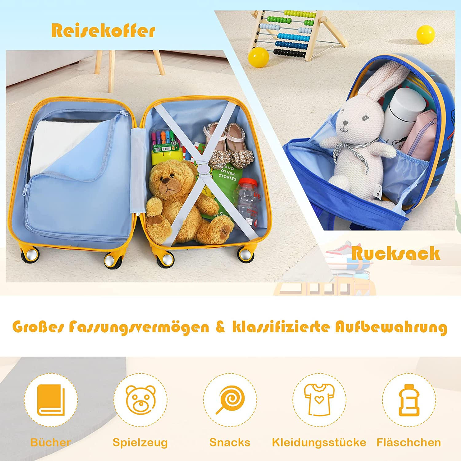 Ein gelber Koffer und ein blauer Rucksack gefüllt mit Spielzeug und Büchern für Kinder.