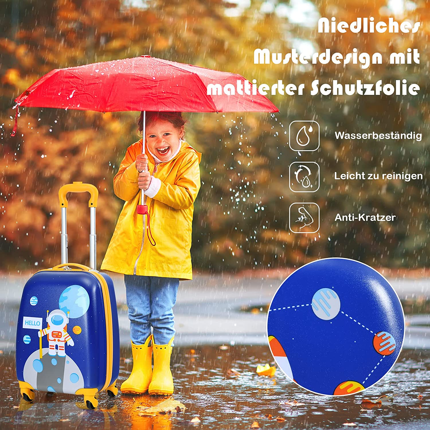 Kind mit rotem Regenschirm und blauem Koffer im Regen. Wasserdicht, leicht zu reinigen, kratzfest hervorgehoben.