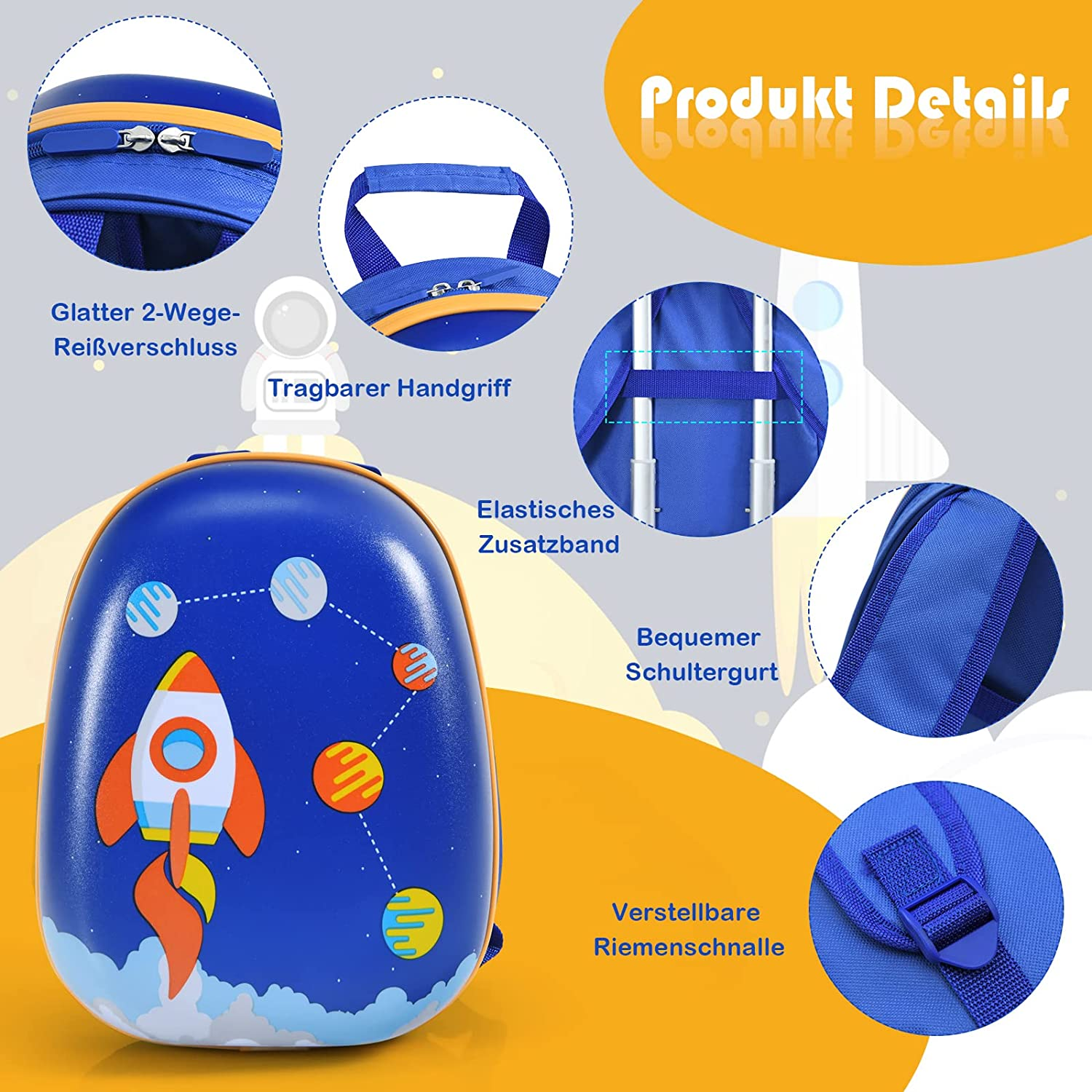 Ein blauer Rucksack mit Raketendesign, Details von Reißverschlüssen, Riemen und einem Griff.