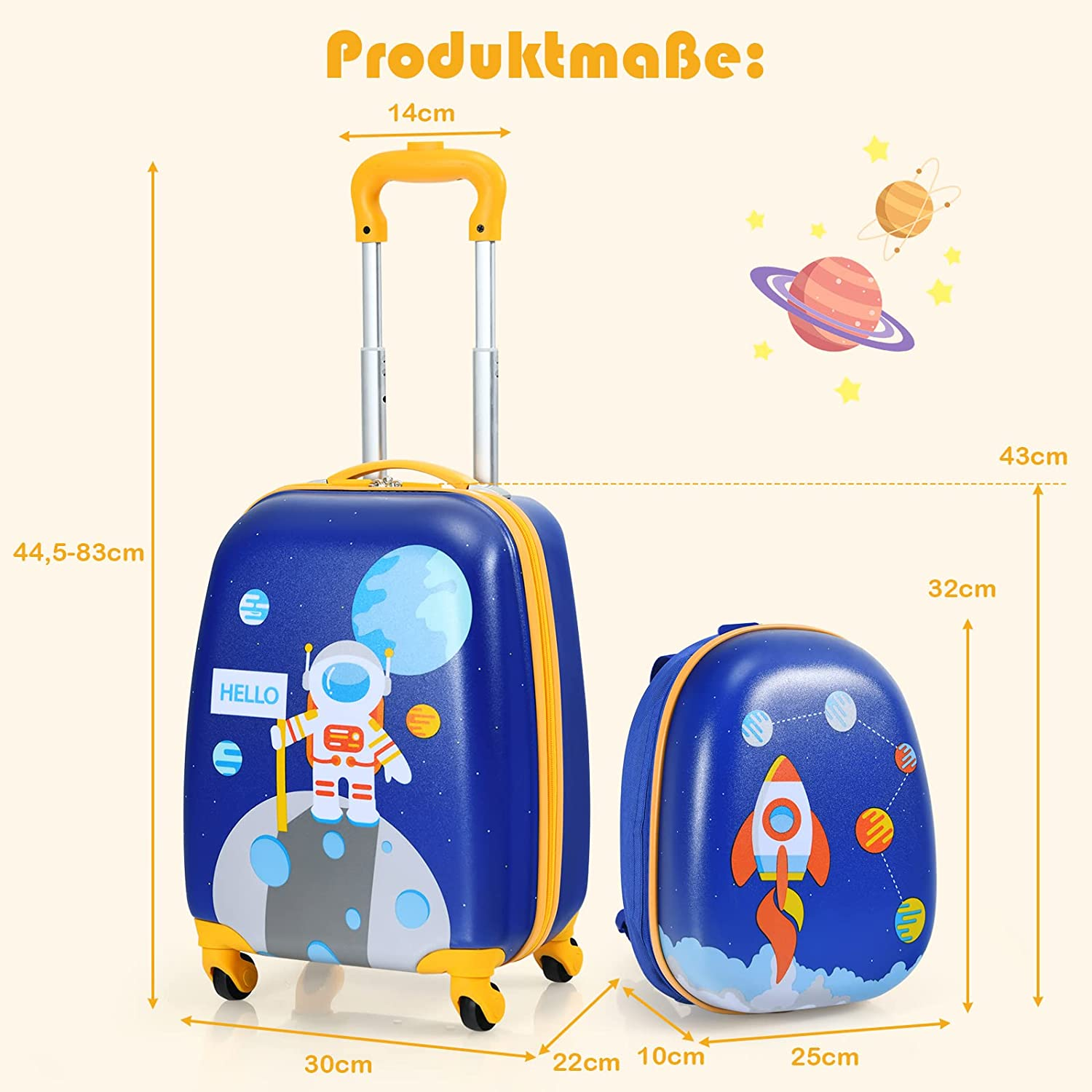 Blauer Kindertrolley mit Astronautendesign neben einem kleineren passenden Rucksack. Abmessungen sind angezeigt.