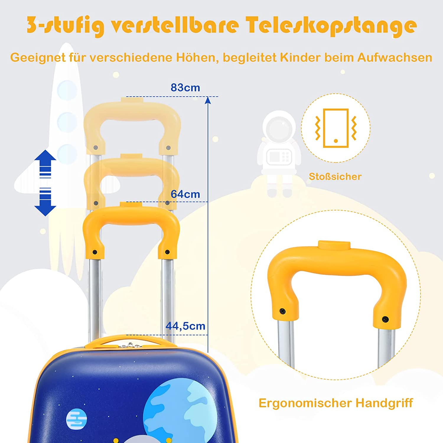 Blauer und gelber Koffer mit Teleskopgriff, mit Abmessungen in cm beschriftet.