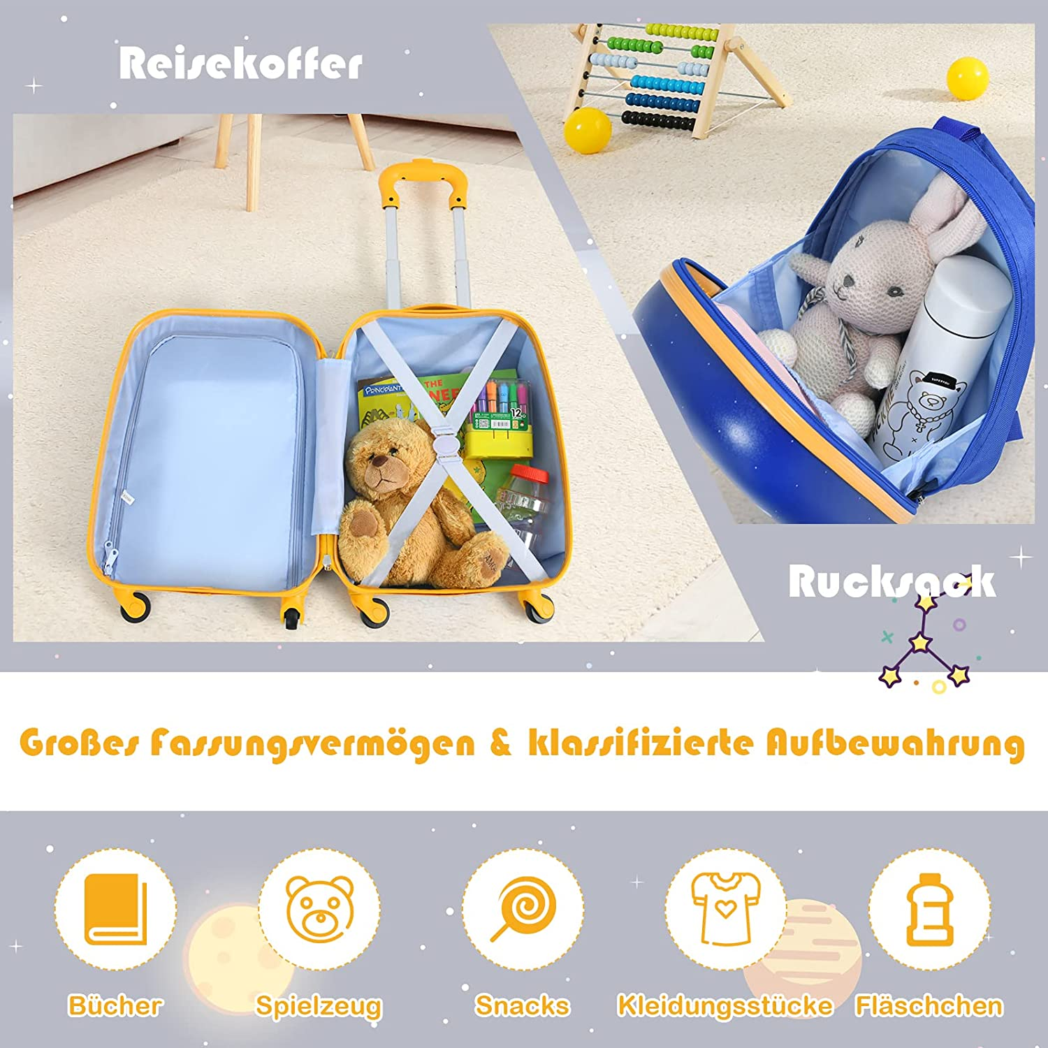 Gelber Koffer mit offenen Fächern gefüllt mit Spielzeug und Rucksack. Enthaltene Gegenstände sind ein Bär.