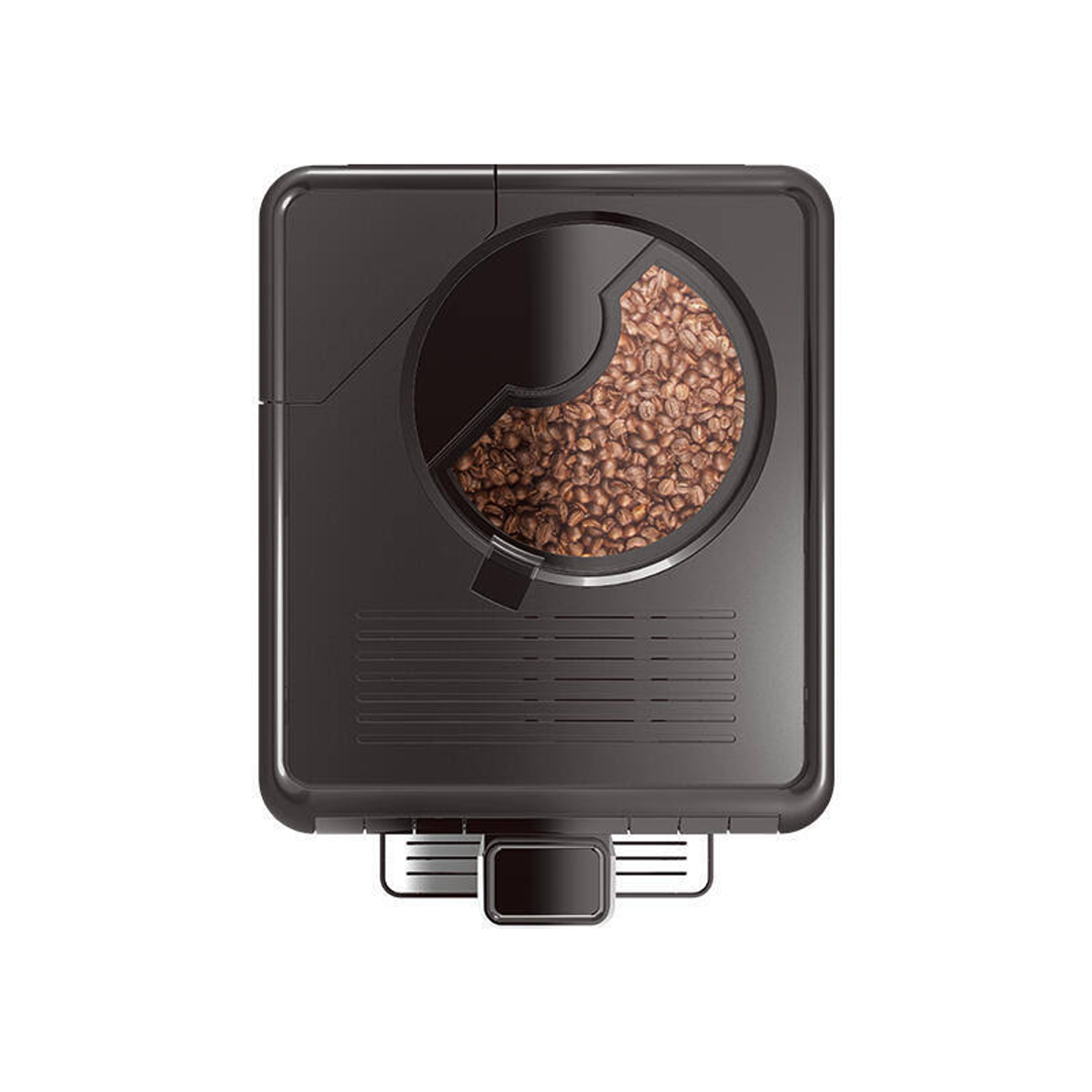 Un moulin à grains de café noir avec un récipient transparent montrant des grains de café, vue de dessus.