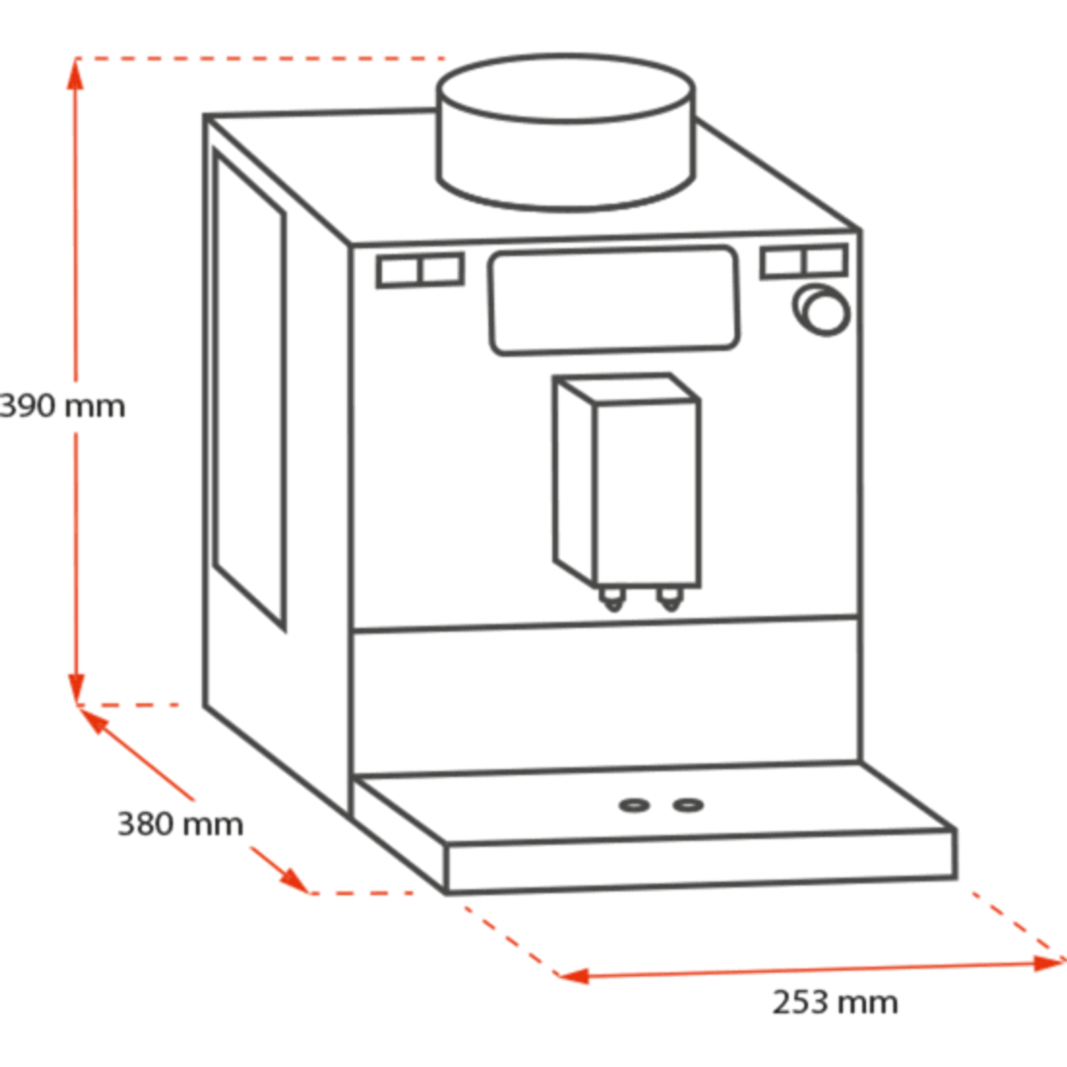 Un schéma d'une machine à café avec des dimensions en millimètres.