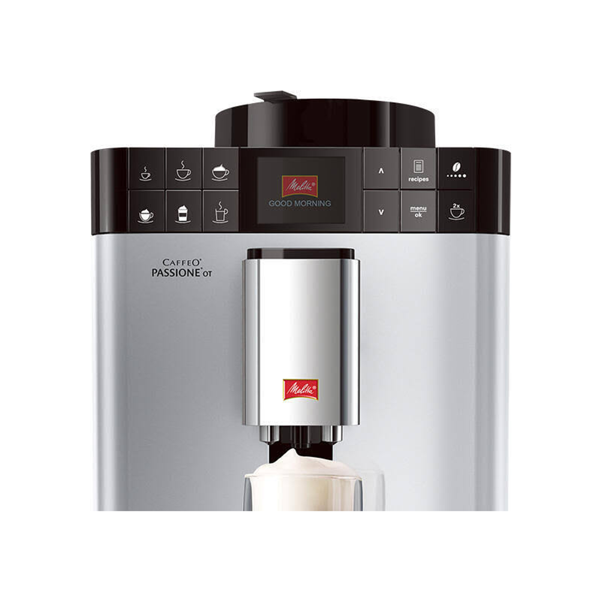 Srebrno-czarny ekspres do kawy z dyszą do spieniania mleka i filiżanką mleka.