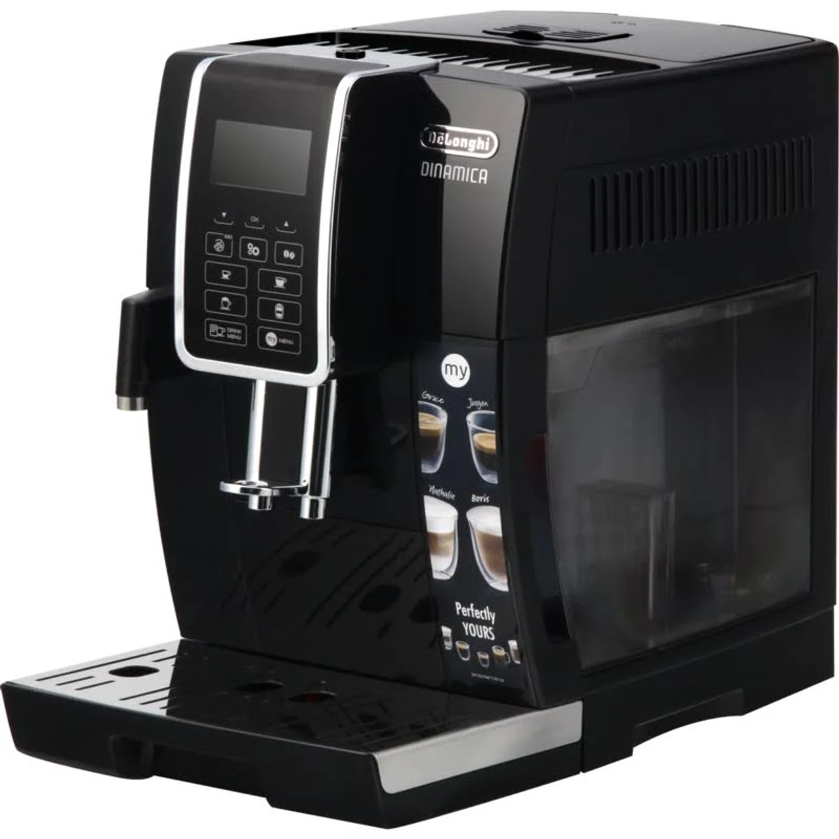 Czarny ekspres do kawy De'Longhi Dinamica, widok z przodu, pokazujący panel i wylewkę.