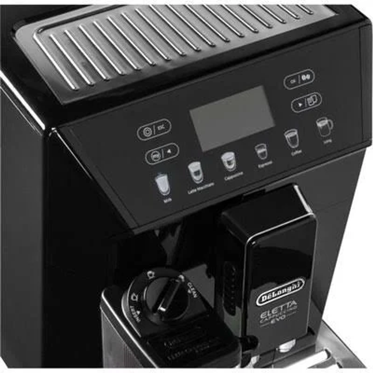 Machine à expresso noire avec boutons et écran. La marque est Delonghi.