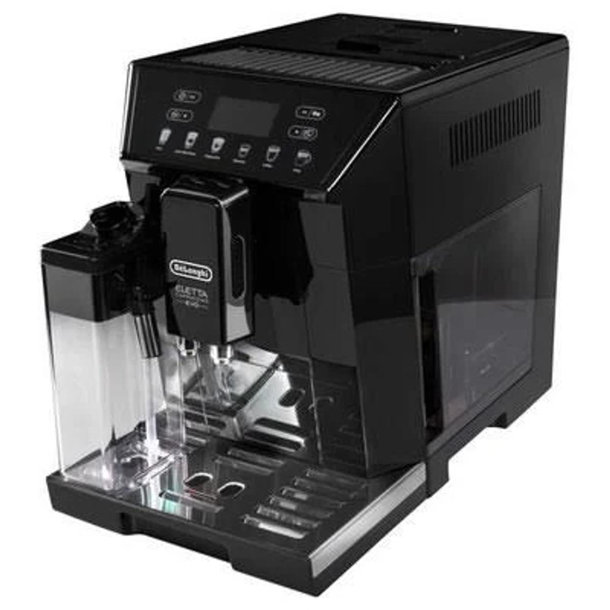 Machine à expresso noire avec réservoir d'eau et distributeur de café. Fond noir.