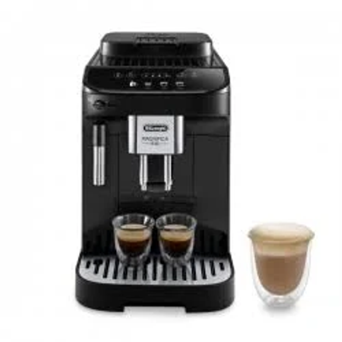 Machine à café Delonghi noire et argentée. Deux espressos et un cappuccino sont visibles.
