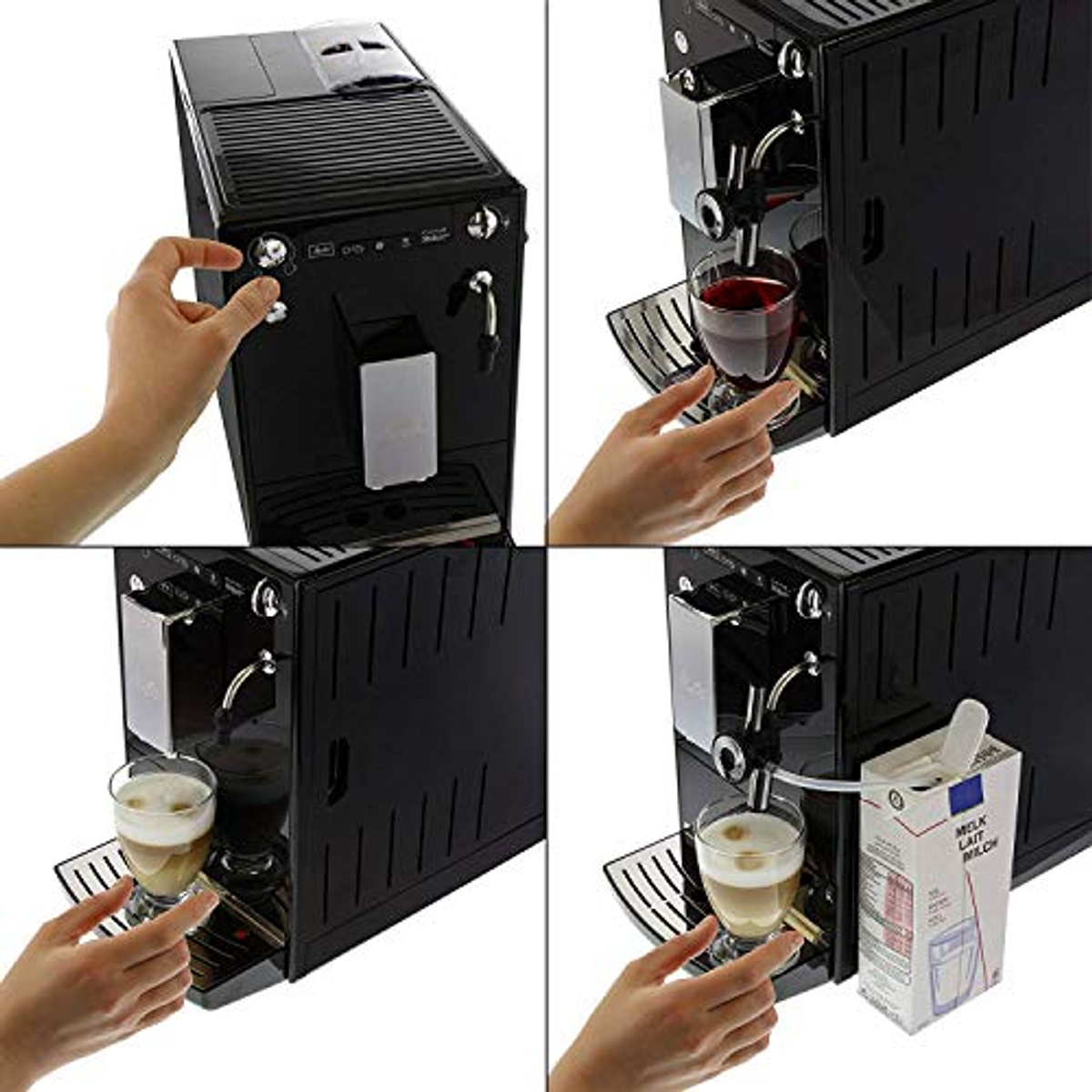 Cuatro imágenes que muestran una cafetera negra con varios pasos para hacer café.
