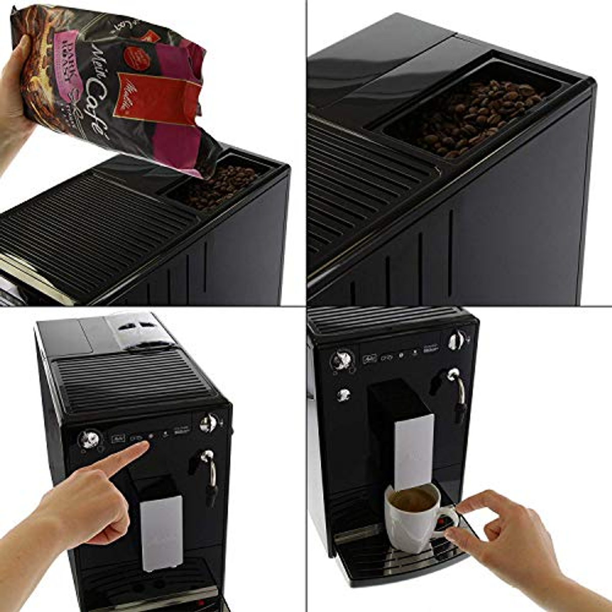Cafetera con granos vertiéndose y una taza que se llena.