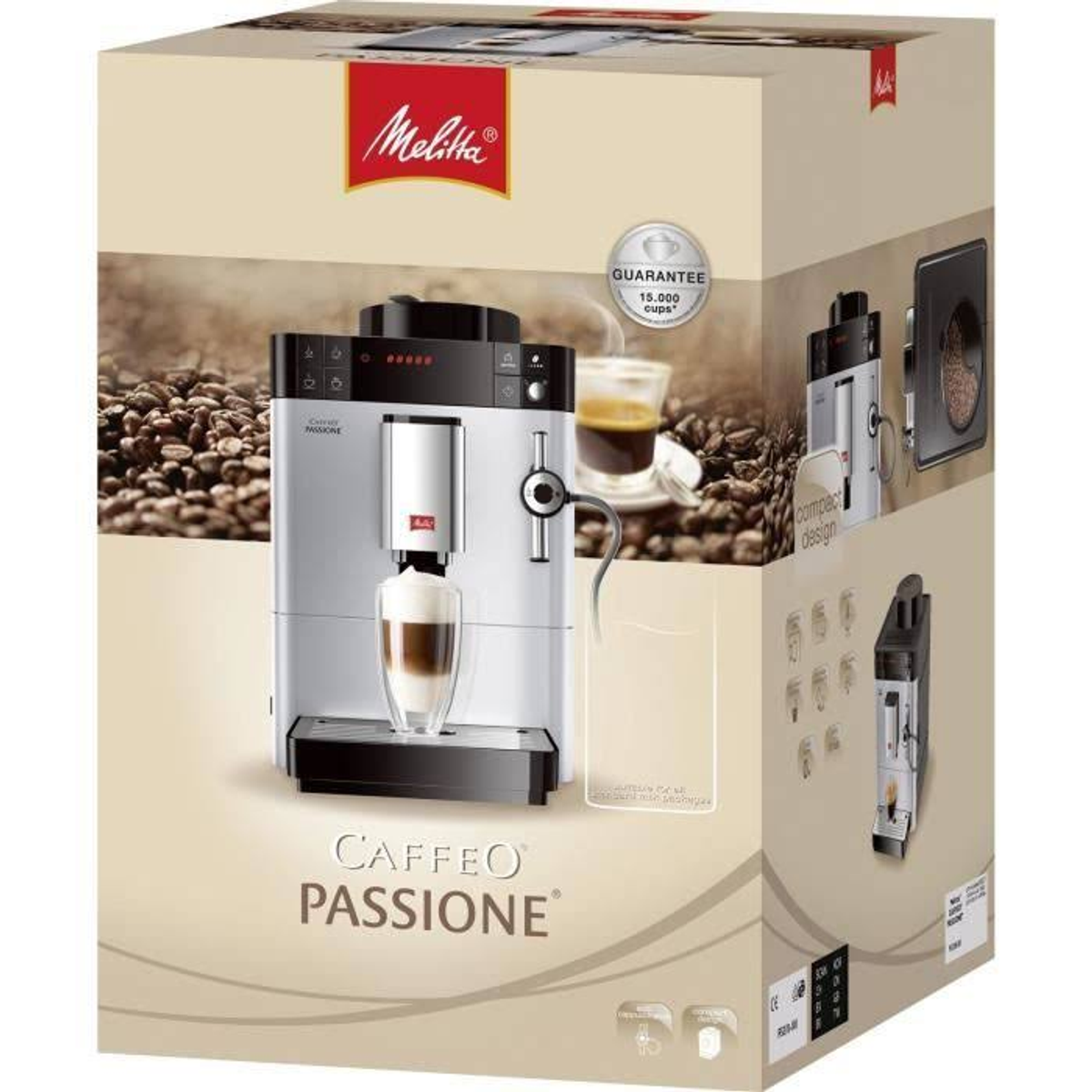 Une machine à café avec un verre et une tasse sur une boîte avec d'autres images.
