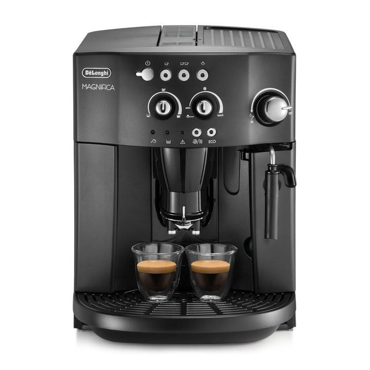 Máquina de espresso De'Longhi Magnifica S negra con dos tazas de espresso.