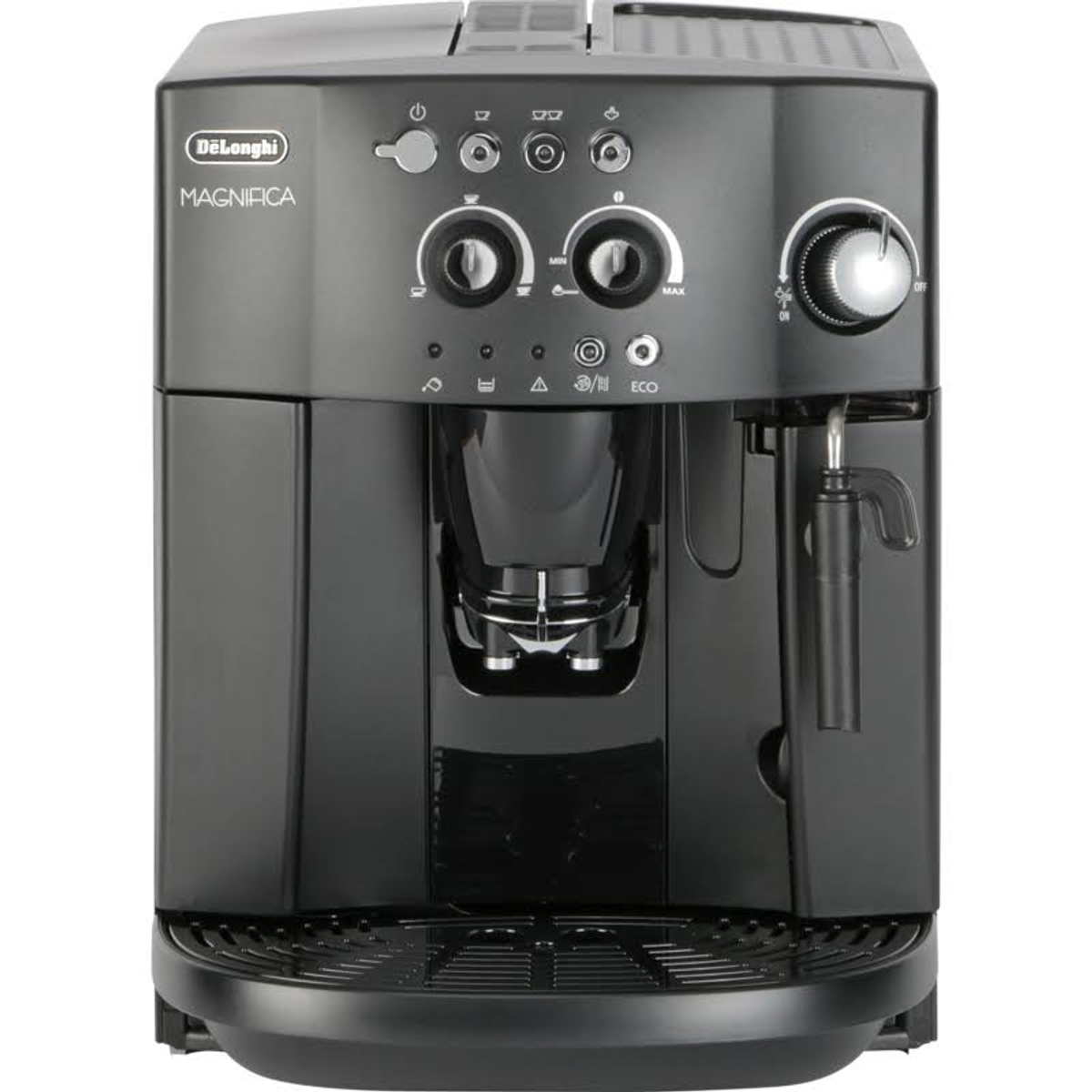 Máquina de café negra con múltiples botones y una boquilla.
