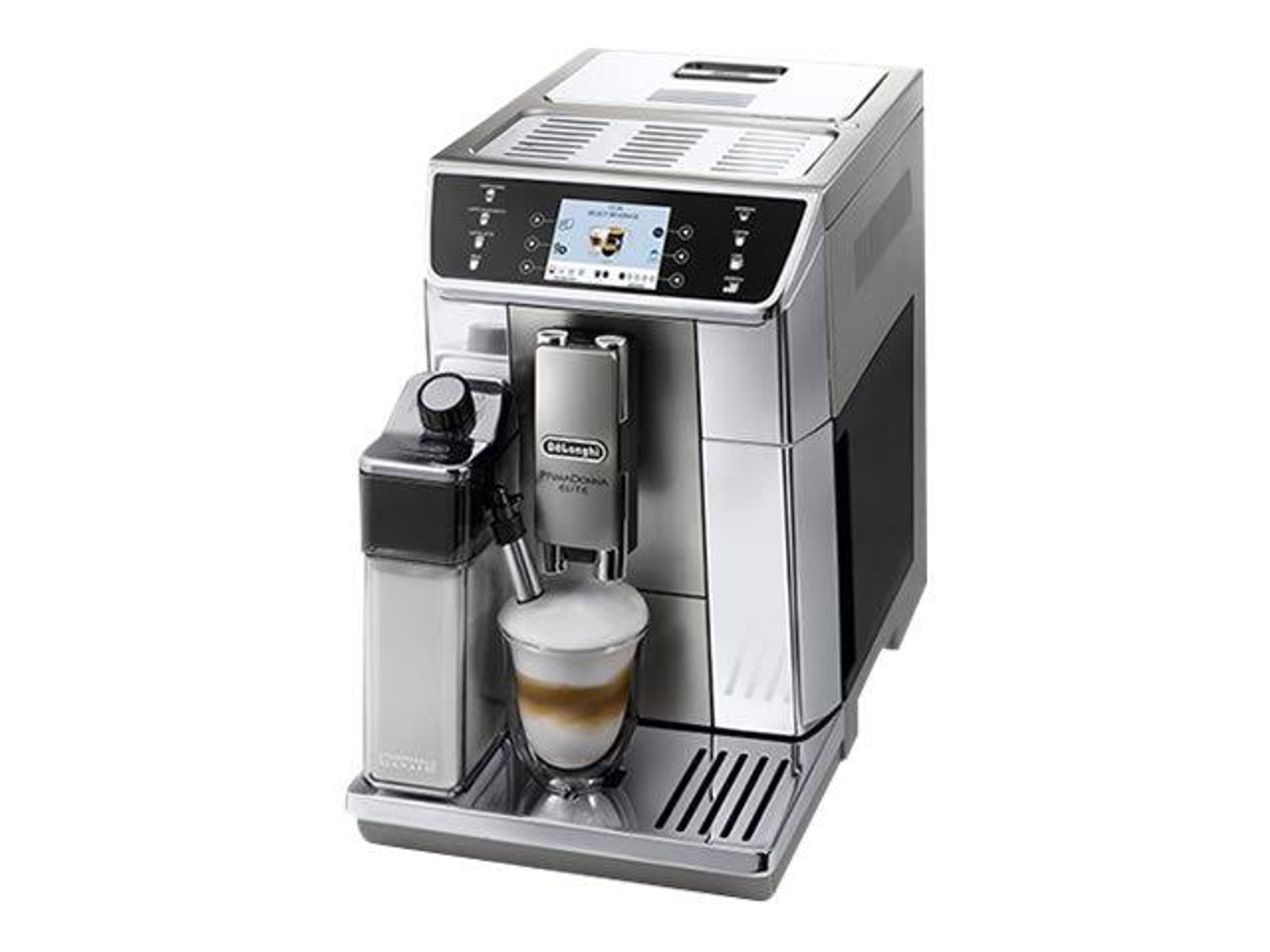 Silberne und graue Kaffeemaschine mit Touchscreen. Sie brüht einen Latte.