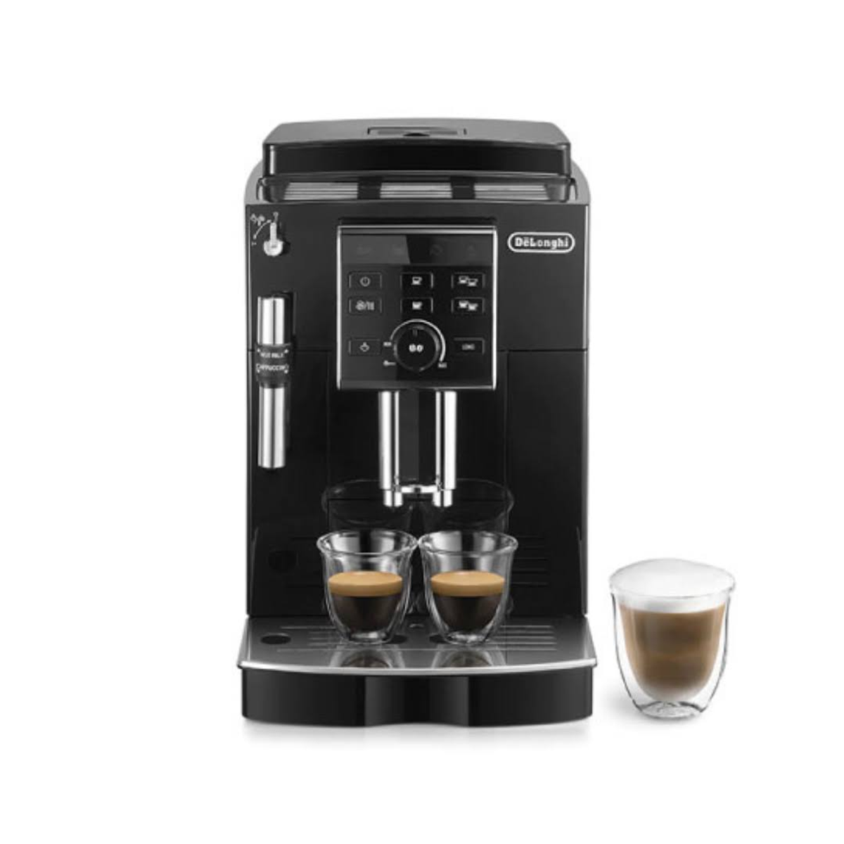 Czarny ekspres do kawy z dwoma espresso i cappuccino. Białe tło.