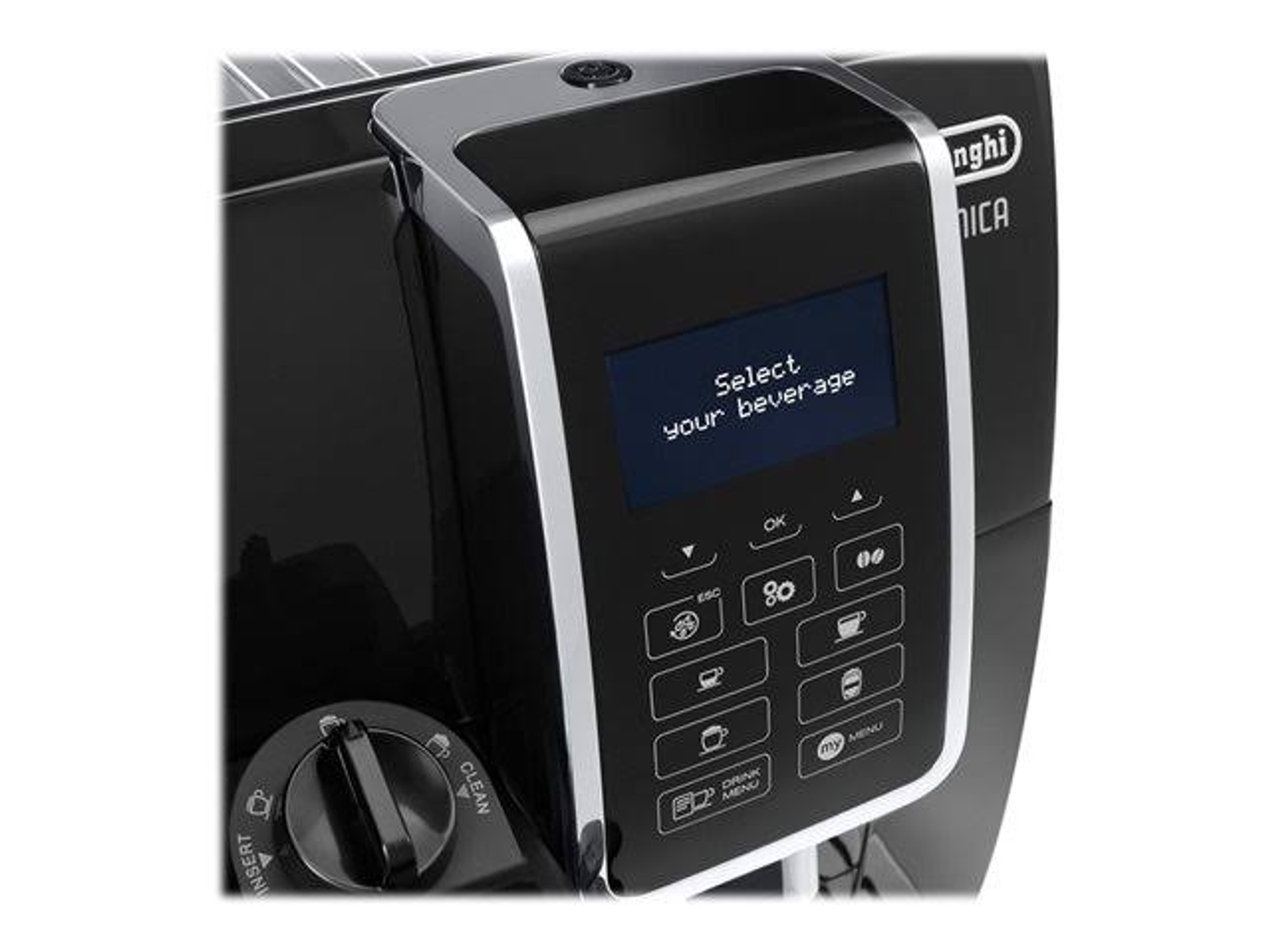 Cafetera negra con pantalla que dice 'Select your beverage'. Botones visibles.