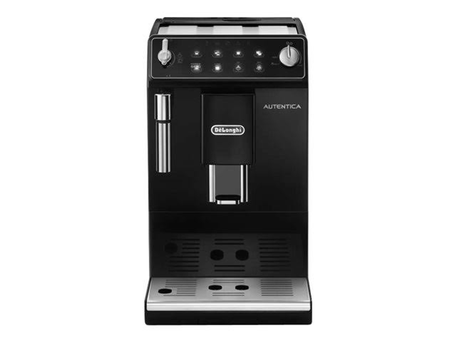 Zwarte Delonghi espressomachine met knoppen en een zilveren tuit.