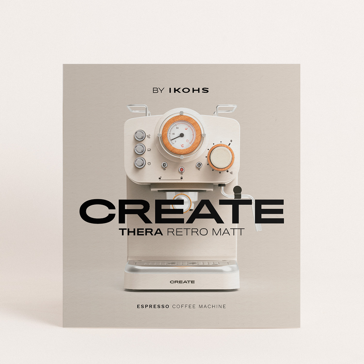 Caja de máquina de espresso, diseño retro blanco y naranja. Texto: CREATE, BY IKOHS.