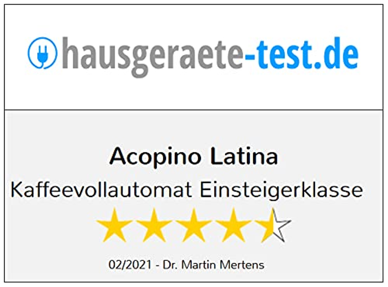 Bewertung einer Kaffeemaschine mit einer Bewertung von vier von fünf Sternen.
