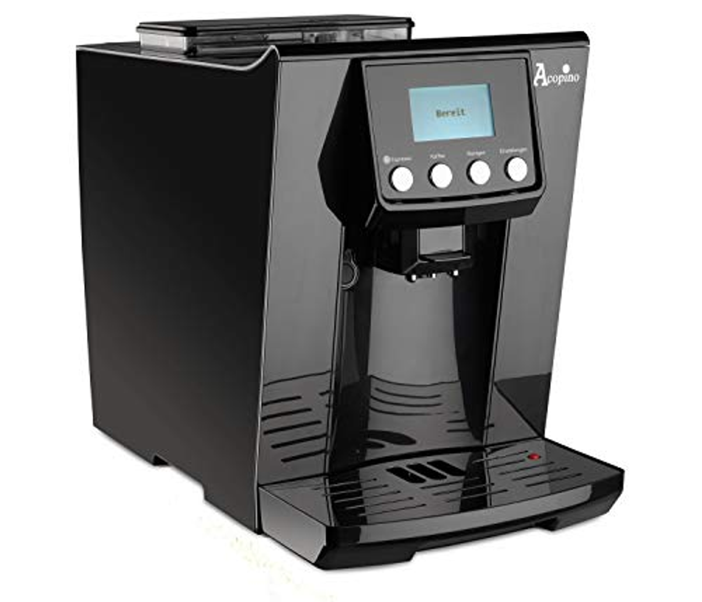 Schwarze Kaffeemaschine mit Display und mehreren Knöpfen.