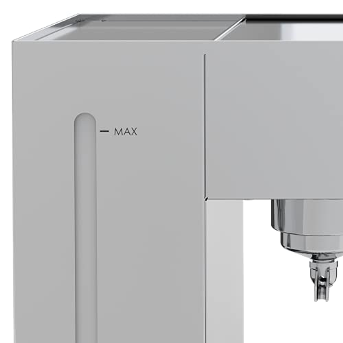 Zbliżenie białego urządzenia z pojemnikiem na wodę. Tekst '- MAX' jest widoczny z boku.