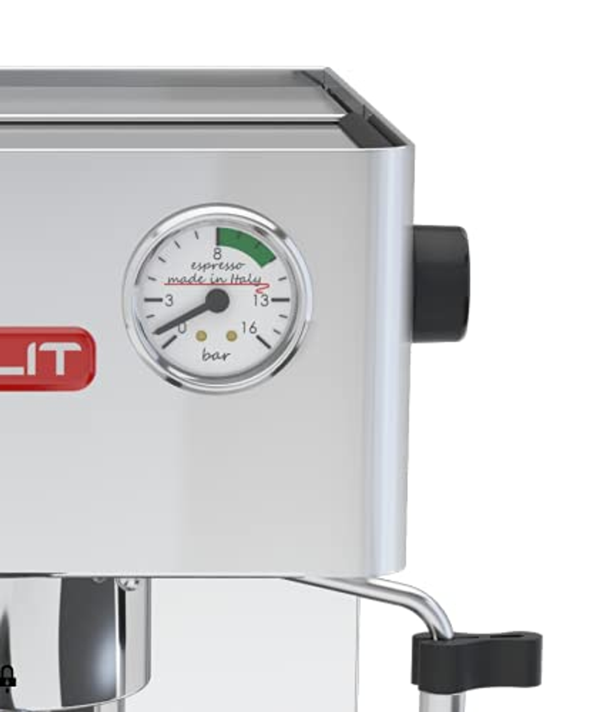 Nahaufnahme einer silbernen Espressomaschine, die den Druck anzeigt, mit Text „bar“ in Italien.
