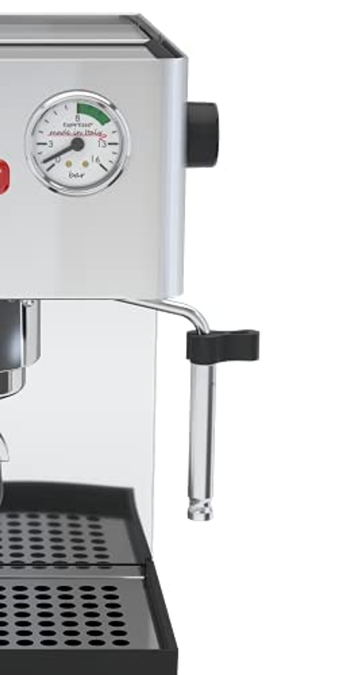 Nahaufnahme einer Espressomaschine aus Edelstahl mit Manometer und Dampflanze.