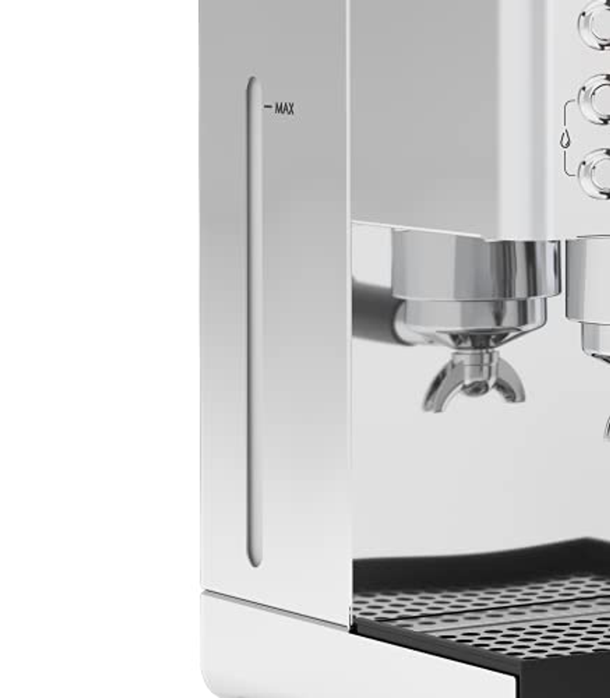 Nahaufnahme einer silbernen Espressomaschine. Der Wassertank befindet sich auf der linken Seite. Weißer Hintergrund.