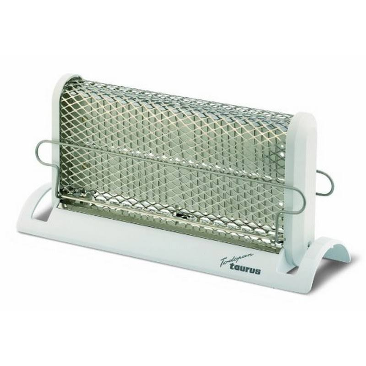 Biały grzejnik elektryczny Taurus z metalową kratką. Widoczna nazwa marki 'Taurus'.