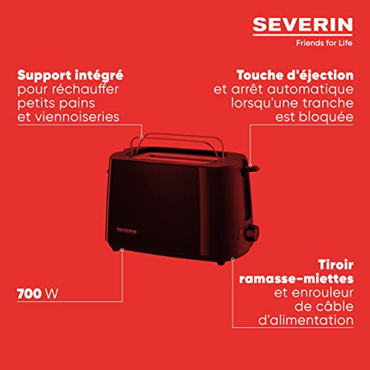 Czarny toster z czerwonym tłem. Tekst opisuje funkcje.