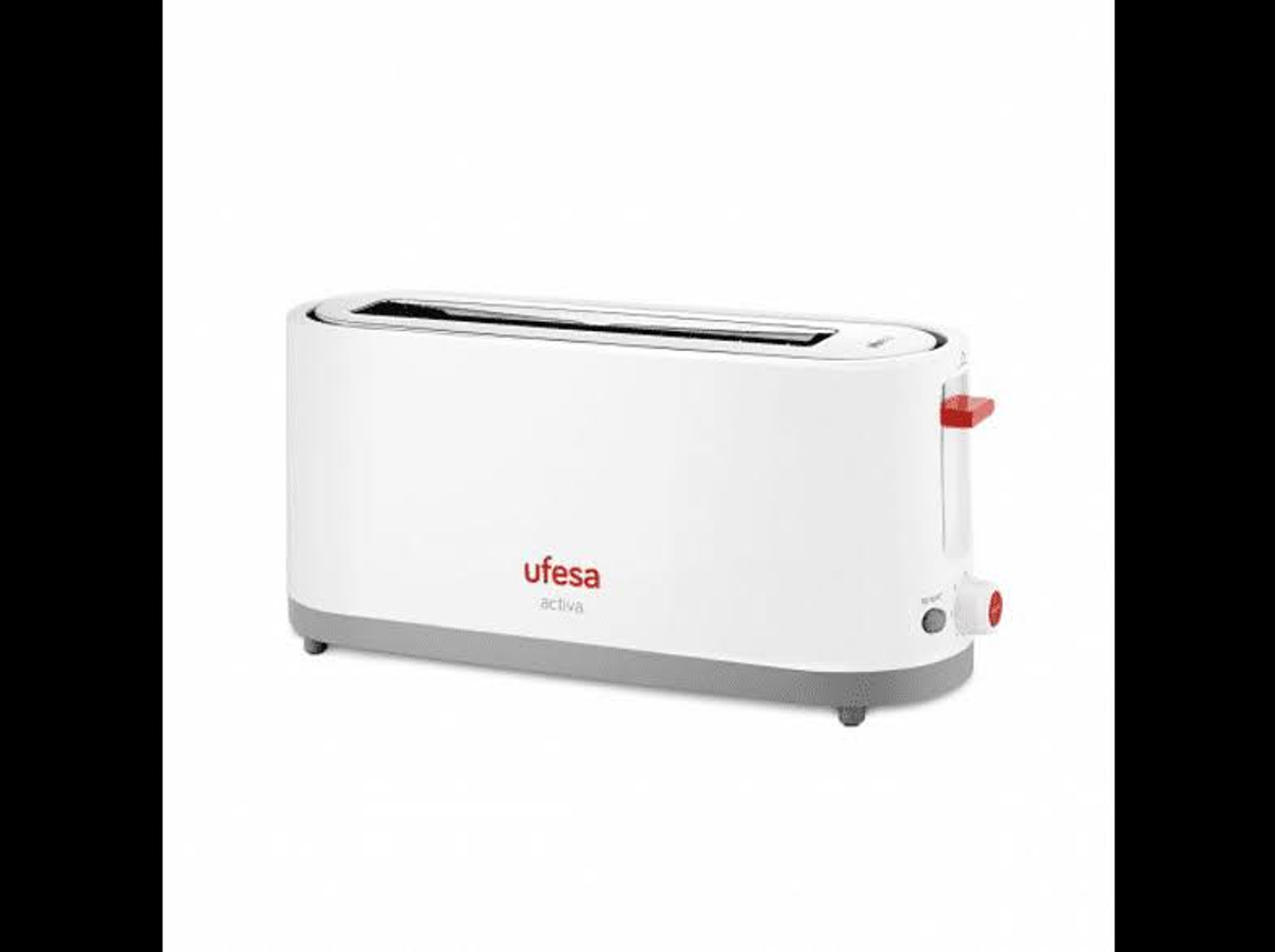Biały toster z czerwoną dźwignią i szarą podstawą. Widoczna nazwa marki Ufesa.