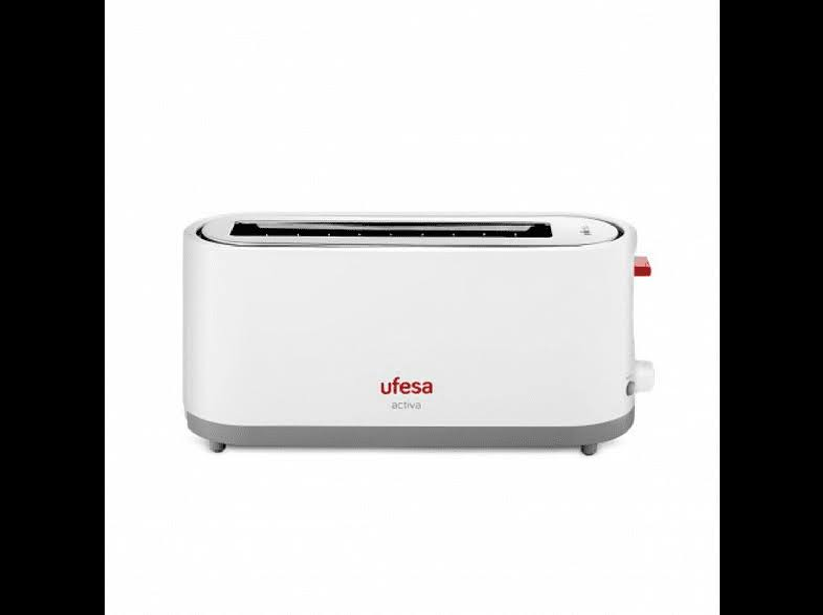 Biały toster z czerwonymi akcentami. Widoczne logo Ufesa activa. Na białym tle.