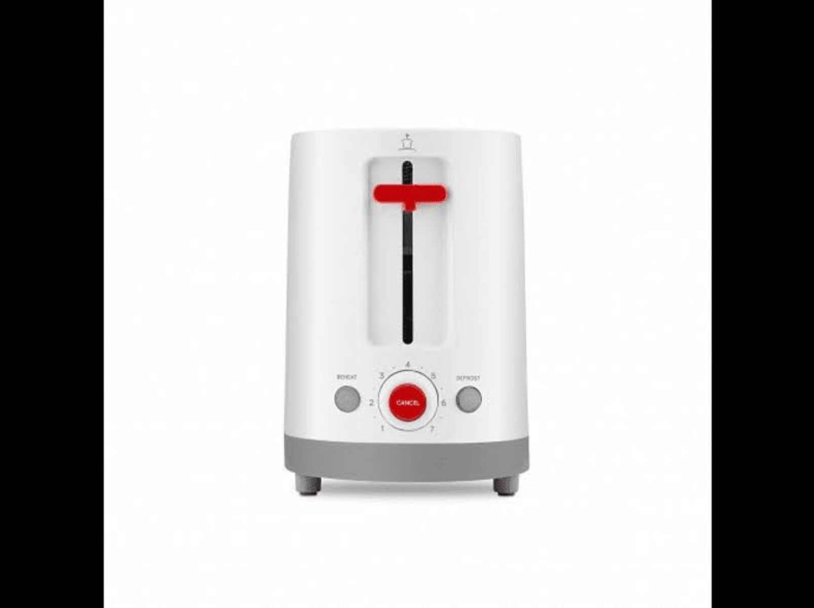 Biały toster z czerwoną dźwignią, przyciskami i pokrętłem. Na białym tle.