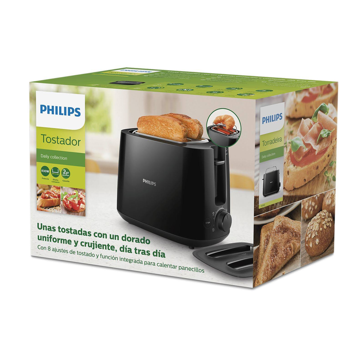 Tostapane Philips nero con toast, la scatola mostra immagini di toast e testo.