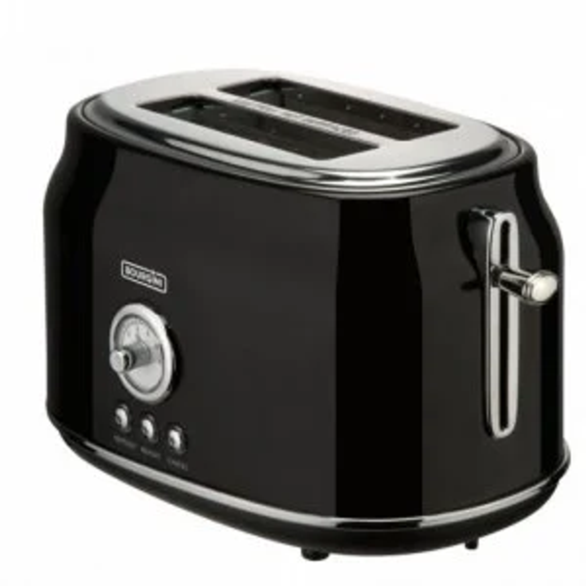 Schwarzer Toaster mit silbernen Akzenten. Mit Drehreglern, Knöpfen und einem Hebel.
