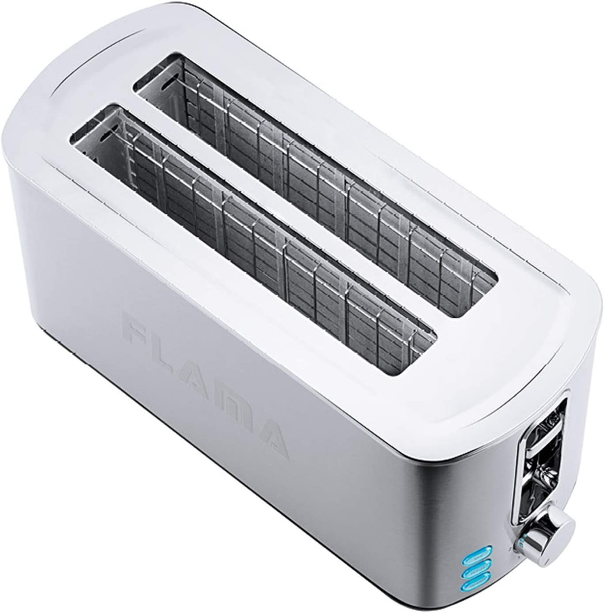 Srebrny toster z dwoma otworami. Słowo "FLAMA" jest napisane z boku tostera.