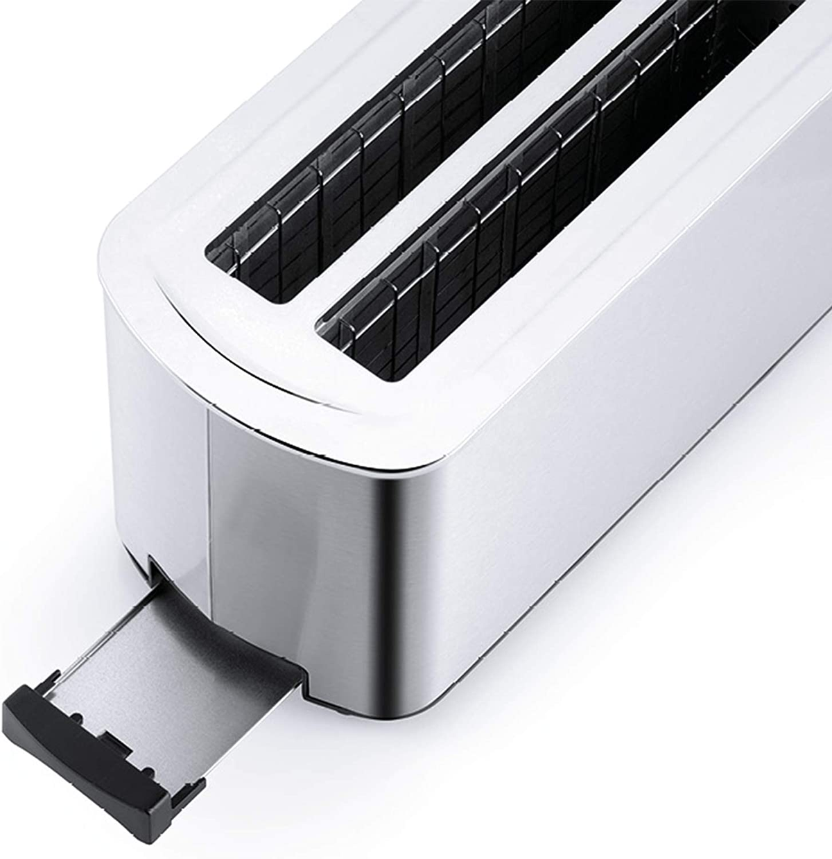 Toster ze stali nierdzewnej z dwoma otworami i częściowo otwartą szufladą na okruchy.