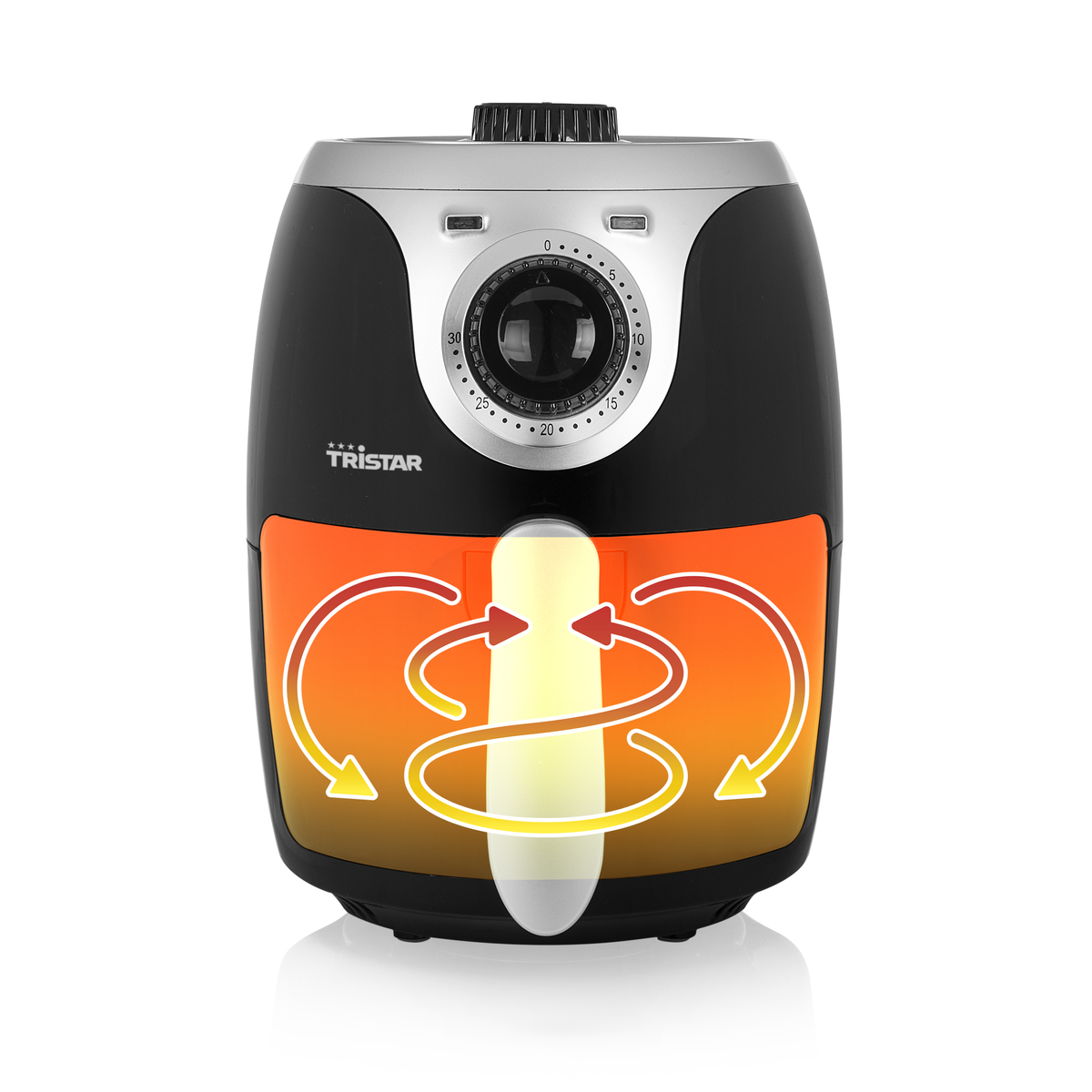 Czarna frytkownica powietrzna z pomarańczowymi i żółtymi grafikami fal cieplnych. Białe tło.