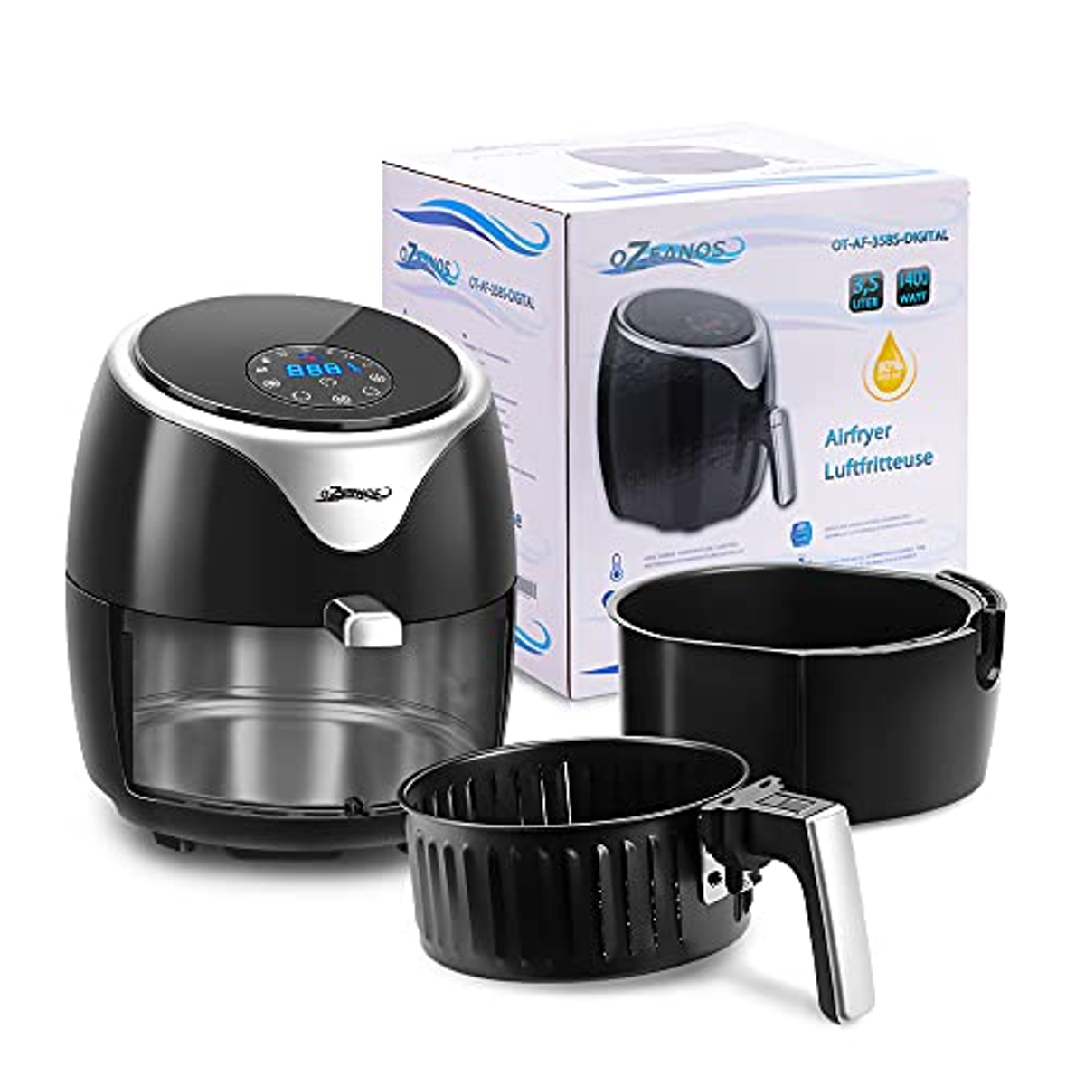 Schwarze Heißluftfritteuse mit Zubehör und Verpackung. Schwarz und Silber.