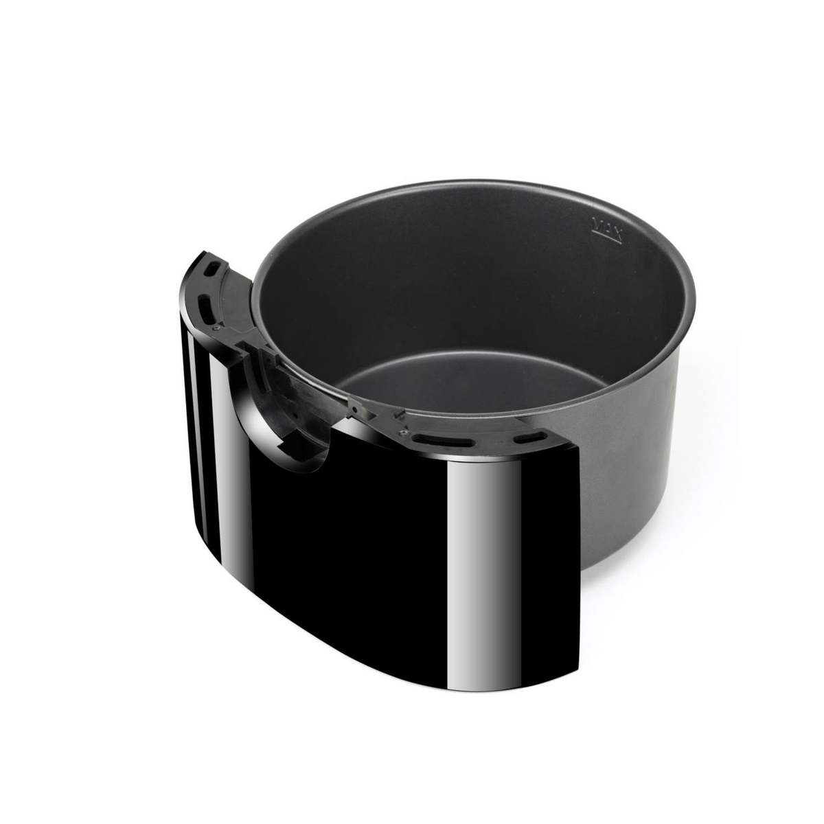 Una cesta de freidora de aire, negra con un mango negro brillante. La cesta tiene un mango.