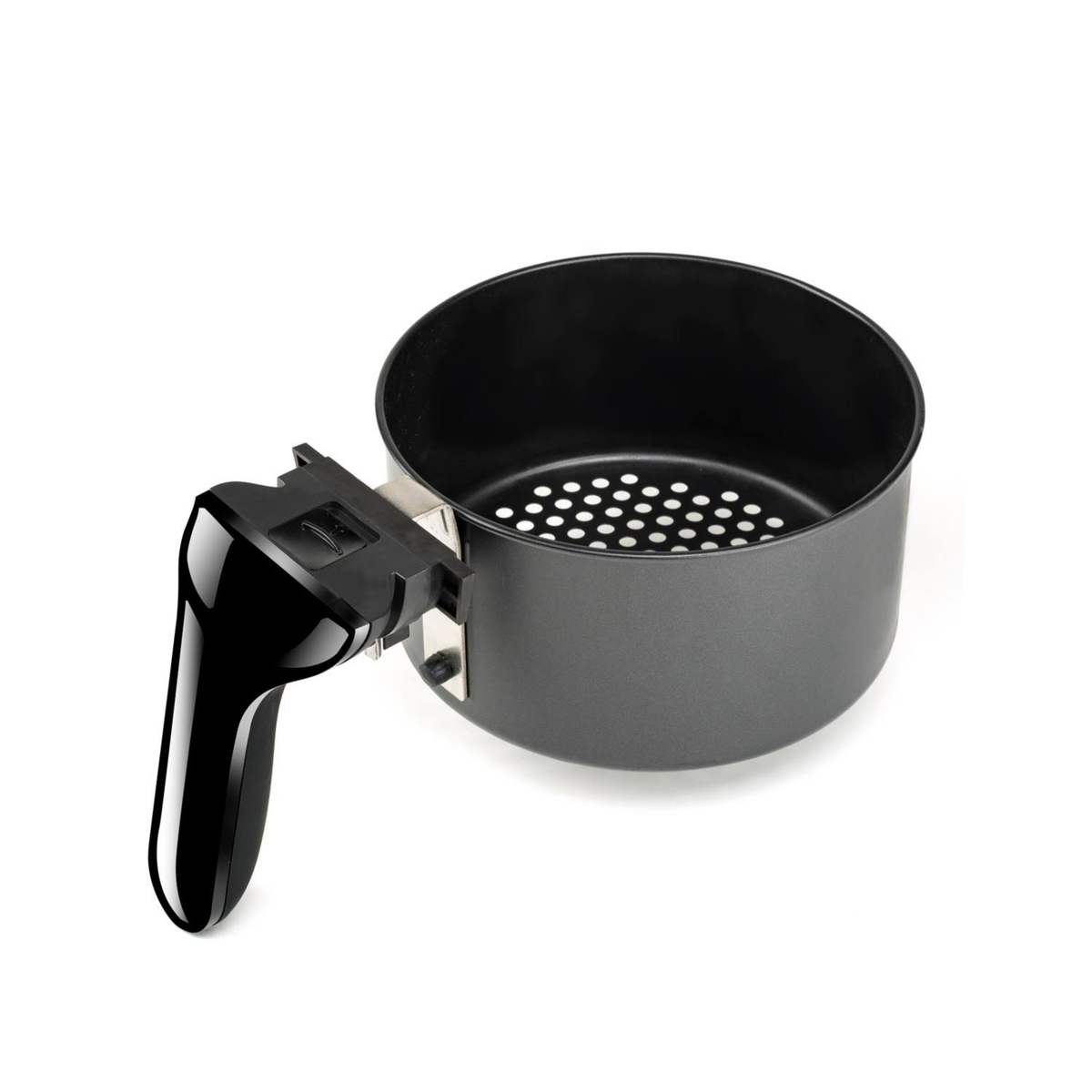 Cesta de freidora de aire negra con asa a la izquierda. Fondo blanco.