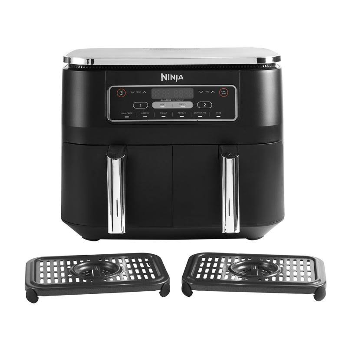 Ein schwarzer Ninja-Heißluftfritteuse mit zwei Körben. Die Frontplatte hat ein Display und Knöpfe. Silberne Griffe.