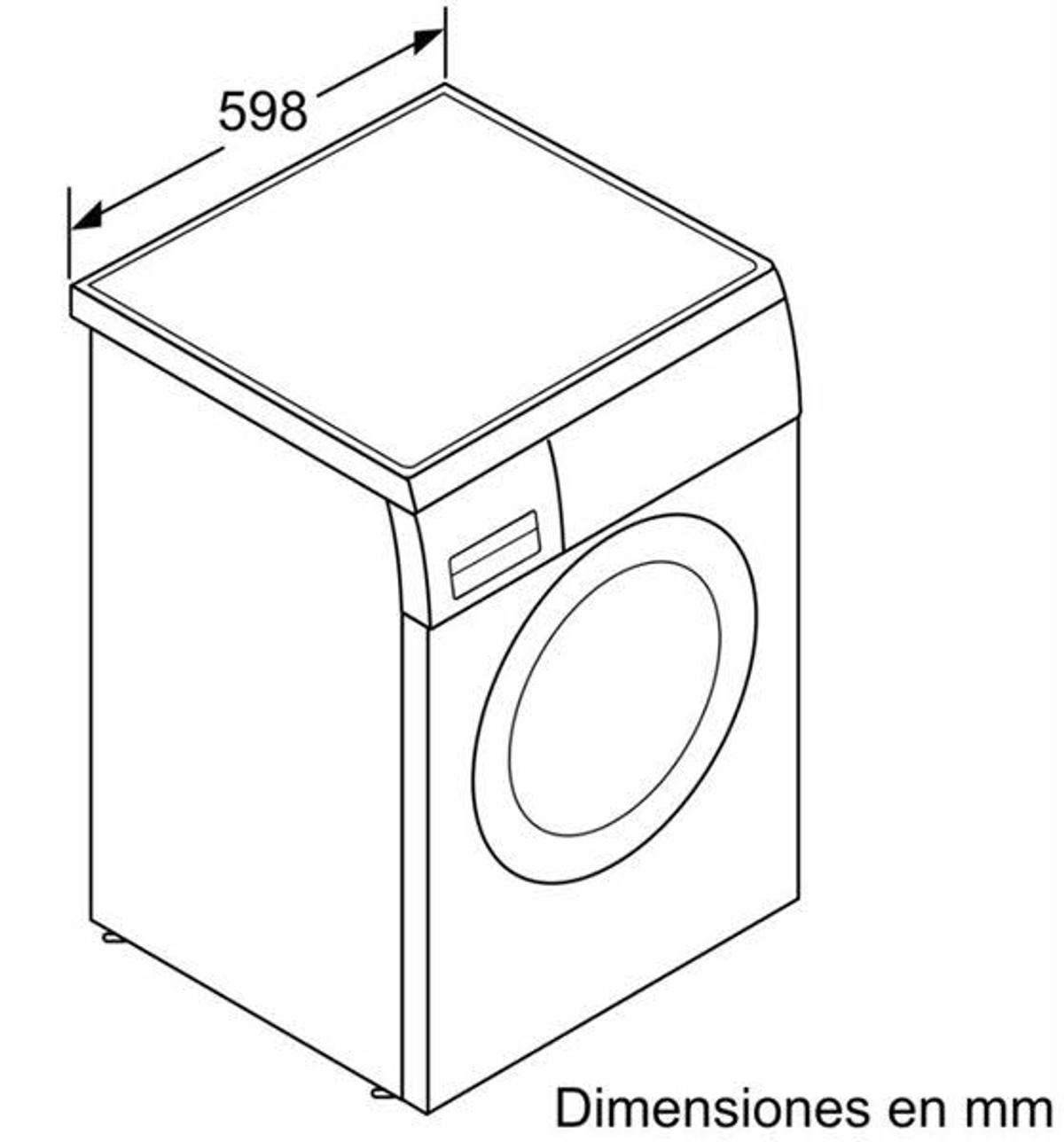 Diagrama de lavadora. Vista superior que muestra las dimensiones 598 mm, sobre fondo blanco.